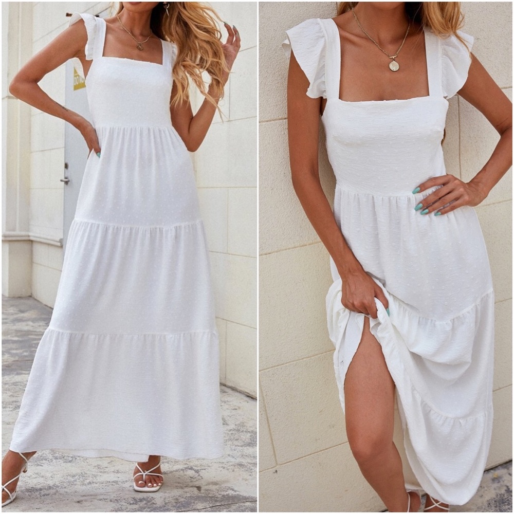 Boho White Butterfly Sleeve Swiss Dot Maxi Dress - Picture 2 of 5